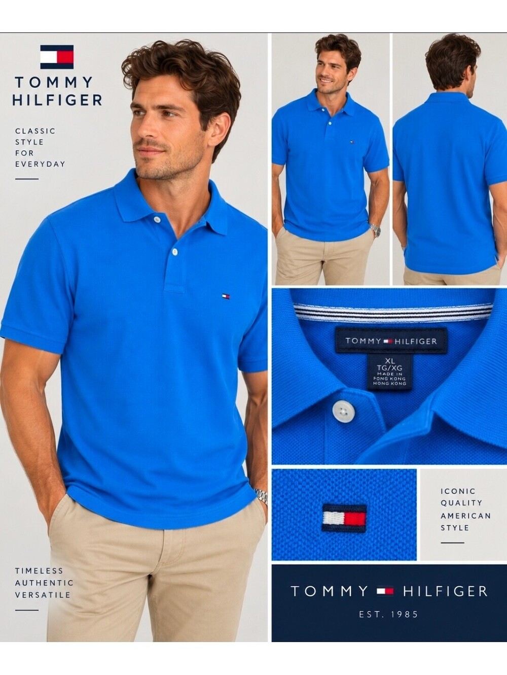 Tommy Hilfiger Mens XL Blue Pique Polo Shirt Flag Logo Short Sleeve Classic